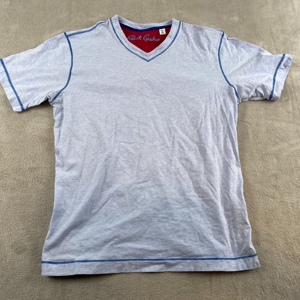 Robert Graham Light Blue V-Neck Tee with Blue Trim and Red Neckline Accent